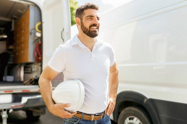 A tradesperson standing at the back of their leased work van.